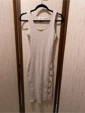 Hippie Rose Cream Ribbed Sleeveless Midi Dress with Side Button Detailing